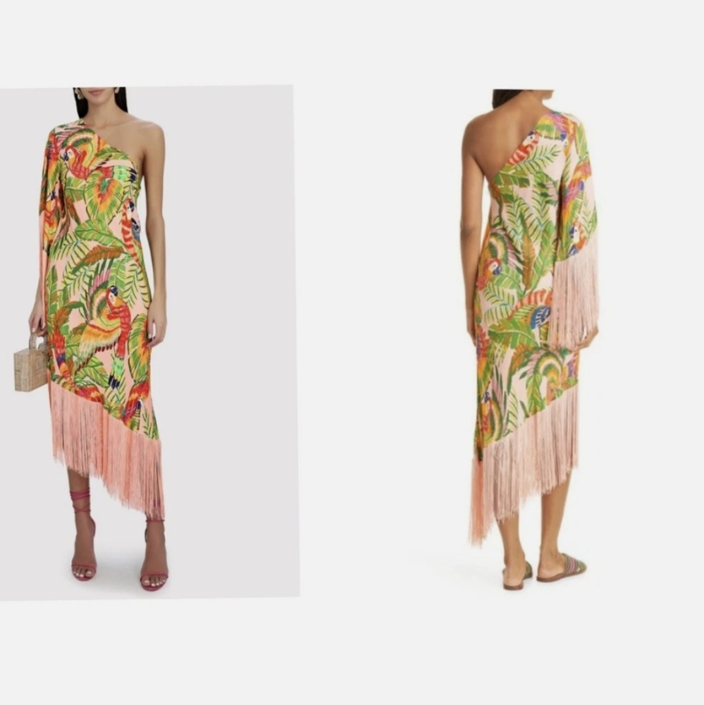 FARM Rio One-Shoulder Tropical Fringe Midi Dress - Green, Pink, Orange, Yellow - Picture 9 of 11